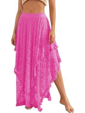 Women's Pink Floral Lace  Asymmetrical Layered Flowy Boho Beach Maxi Skirt
